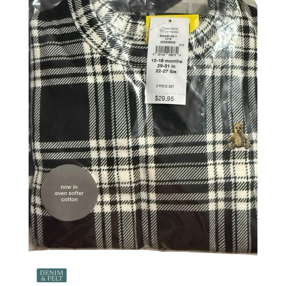 NEW Gap Kids Organic Cotton Black Plaid Holiday Pajama Set Cozy Winter 12-18M‎